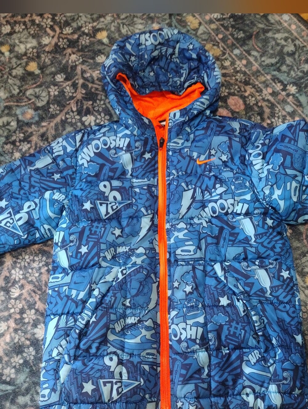 Nike Kids' Blue Graphic Puffer Jacket with Orange Trim